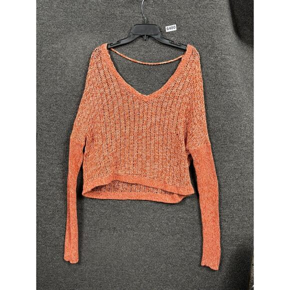 Free People Cable Knit Sweater Womens Size L Orange V-Neck Long Sleeves Bohemian - Picture 2 of 7